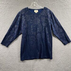 KV Easywear Womens Top Medium Blue Floral Pullover 3/4‎ Sleeve Shirt Vintage USA
